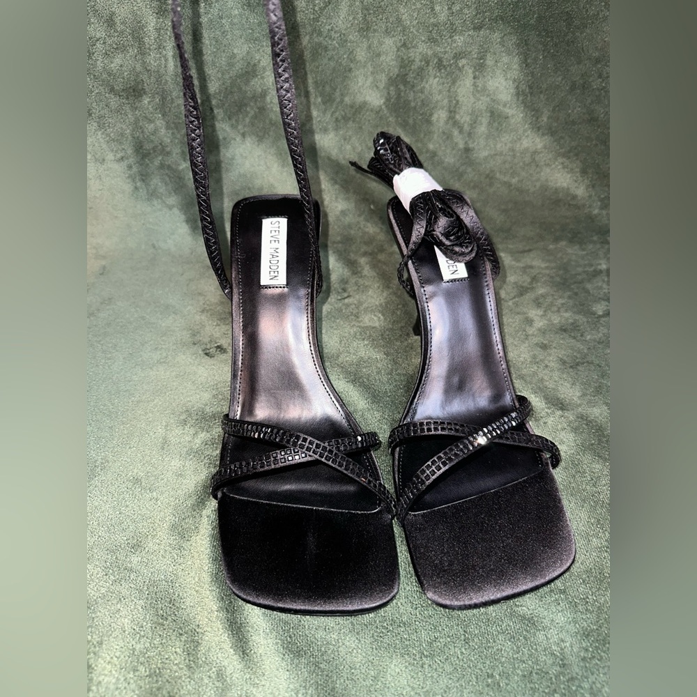 STEVE MADDEN LULIE - BLACK & RHINESTONE ANKLE WRAP HEELS